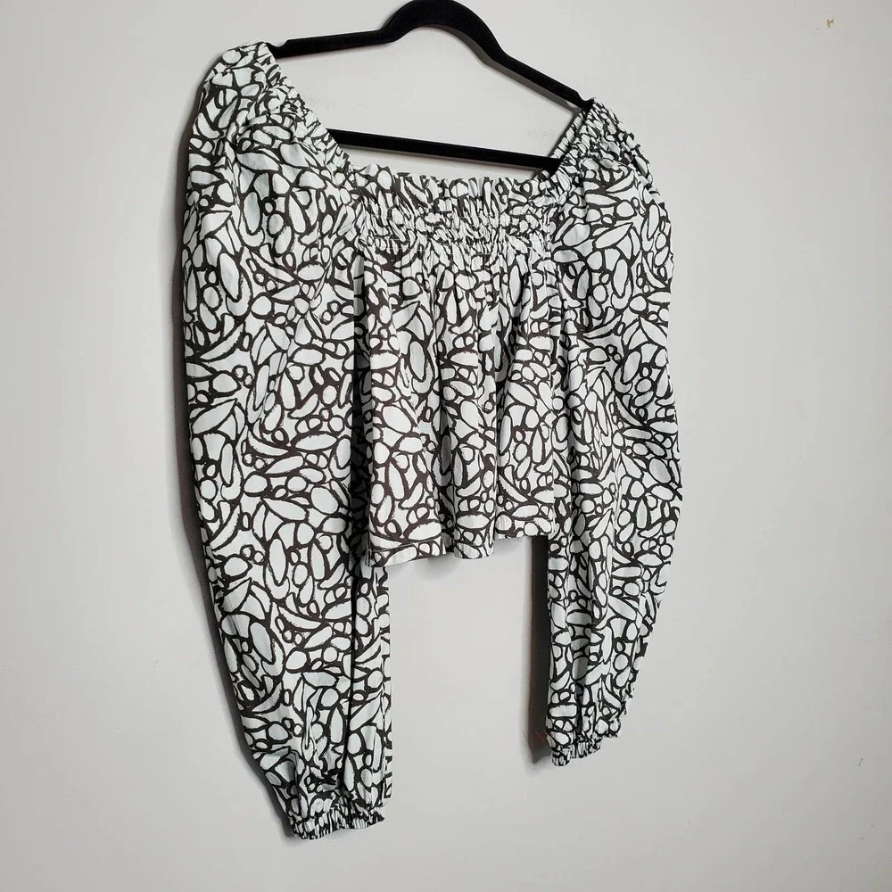 OPEN EDIT • Gray Abstract Print Organic Cotton Babydoll Top Sz M - Picture 3 of 9